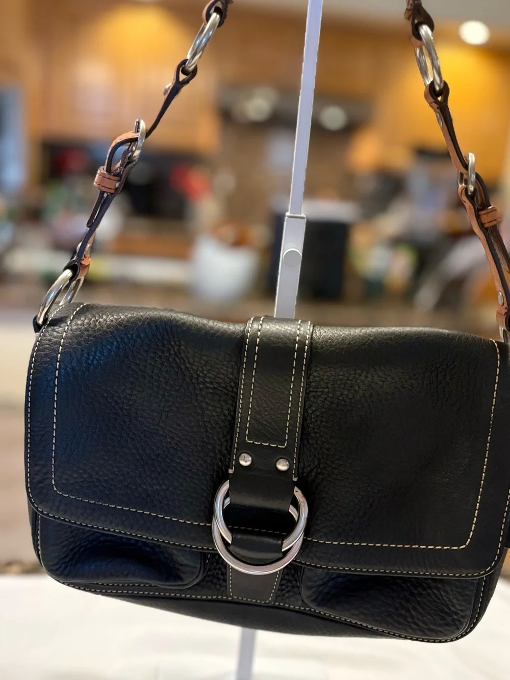 Coach Black Peddled Leather Shoulder Bag Silver White Stitch Detail